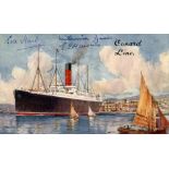 R.M.S. CARPATHIA: Colour postcard signed by Titanic survivors Eva Hart, Millvina Dean and Edith