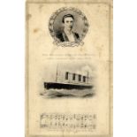 R.M.S. TITANIC: Rare postcard featuring Wallace Hartley (1879-1912) top, Titanic centre, musical