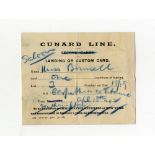 **R.M.S. TITANIC - EXTREMELY RARE CUSTOMS LANDING CARD ISSUED TO TITANIC SURVIVOR CAROLINE