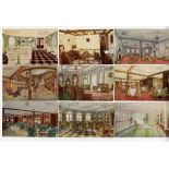 R.M.S. OLYMPIC: Rare smoke room photo and other interior interior postcards. Nine colour and eight