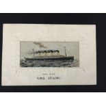 R.M.S. TITANIC: Unusual silk postcard of the liner at sea, unrelated message on reverse.