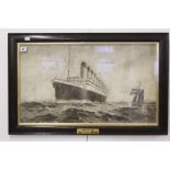 R.M.S. OLYMPIC: Montague Black sepia agency print in contemporary oak frame. 27ins. x 16ins.