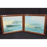 OCEAN LINER: Pair of canvas modern prints of Titanic and Lusitania. Framed 15ins. x 20ins. (2)