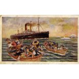 R.M.S. TITANIC: Carpathia postcard 'Rescuing survivors from Titanic'. Colour artist's impression.