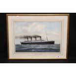 R.M.S. TITANIC: Contemporary watercolour of Titanic at sea, signed F.J.H. Gardiner. Framed and