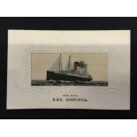 R.M.S. CARPATHIA: Unusual woven in silk postcard of Carpathia at sea.