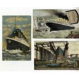 R.M.S. TITANIC: Real photo colour unused postcard of Titanic and Olympic on stocks at Harland &