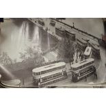 Photographs: Blow-up photos of London scenes including trams, boats, trains and a Laurel & Hardy