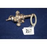 Hallmarked Silver baby rattle/whistle with hanging bells, missing mother of pearl teething ring,