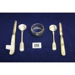 Hallmarked Silver: Mustard spoons, William IV and Victoria, both London. Napkin ring, Birmingham,