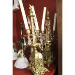 19th cent. Gilt base metal candelabra with lustres - a pair, plus a modern candlestick.