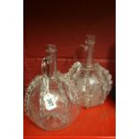 19th cent. Glassware: Wine carafes, 1 x acid etched with windmills and vines with applied filigree