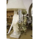 20th cent. Light Fitting: Three branch chandelier, central ceramic pillar decorated in scrollwork,