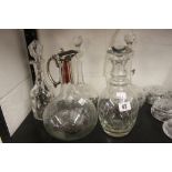 Glassware: Decanters (1 ring neck), matching pair, plus a white metal topped claret jug. (5)