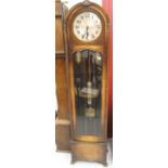 Clocks: Embee German art deco oak long case clock, silvered dial and black numerals. Glass reveal
