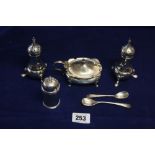 Hallmarked silver condiments, minarette shaped peppers x 2, inscribed Charterhouse Sports 1905