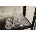 20th cent. Glassware: Cut glass dressing table set tray, trinket pots, powder bowl, ring stand