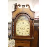 19th cent. Oak long cased clock, white painted dial, floral spandrels, domed top, 8 day movement.