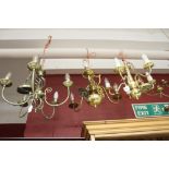 20th cent. Lighting: Chandelier, two x five branch light and one x three branch light, brass and