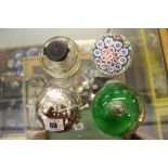 Glassware: Flat glass inkwell, white metal desk bell, Caithness style bubble paperweight, unsigned