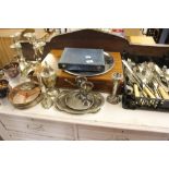 20th cent. Plated flatware bone handled knifes. All sizes forks, spoon boxed sets, candelabra, sauce