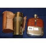 20th cent. Gentleman's travel accoutrements. Plate and glass hip flask with tooled leather cover,