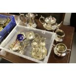 19th cent. Britannia Metal & Electroplate: Four piece teaset plus egg condiment, napkin rings