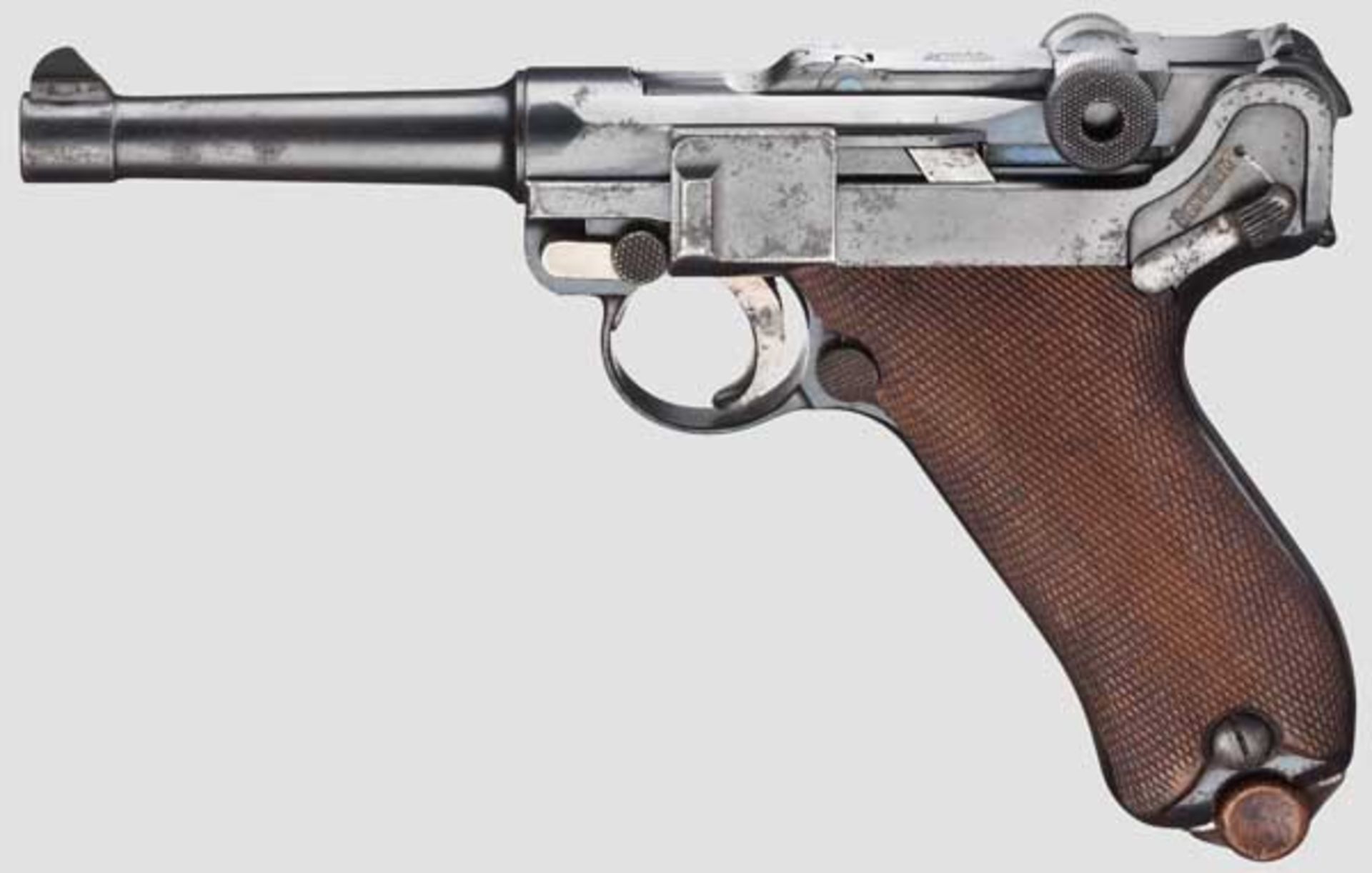 Parabellum Mod. 1908, Commercial Kal. 9 mm Para, Nr. 70083. Nummerngleich. Lauf matt. Rechts am