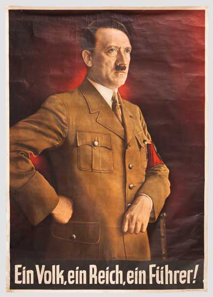 Propagandaplakat für Adolf Hitler Mehrfarbiger Druck. Hitler in Parteiuniform vor rotem