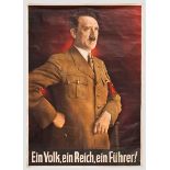 Propagandaplakat für Adolf Hitler Mehrfarbiger Druck. Hitler in Parteiuniform vor rotem