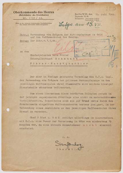 Oberst i.G. Claus Schenk Graf von Stauffenberg - eigenhändige Tintenunterschrift vom 10. Juli 1944