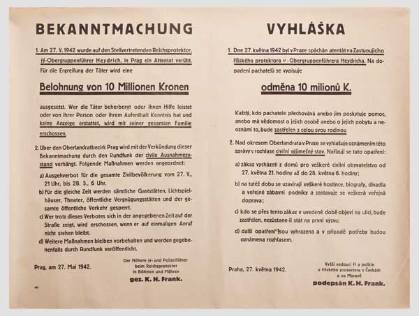 Fahndungsplakat nach den Attentätern von Reinhard Heydrich und der Verhängung des