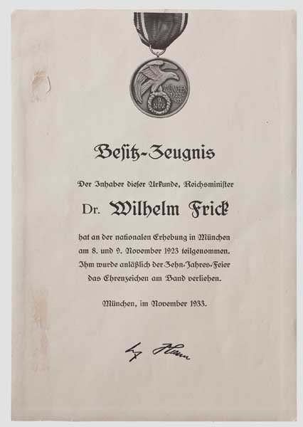 Reichsminister des Innern Dr. Wilhelm Frick - Ehrenzeichen vom 9. November 1923 (Blutorden) mit - Image 6 of 10
