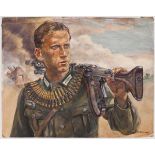 Gefreiter Rudolf Glückert - Panzersoldat mit MG 34 Aquarellfarben auf Papier, rechts unten