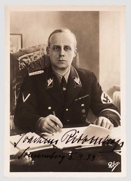 Joachim von Ribbentrop - signierte Röhr-Portraitpostkarte 1938 Ribbentrop in Uniform als SS-