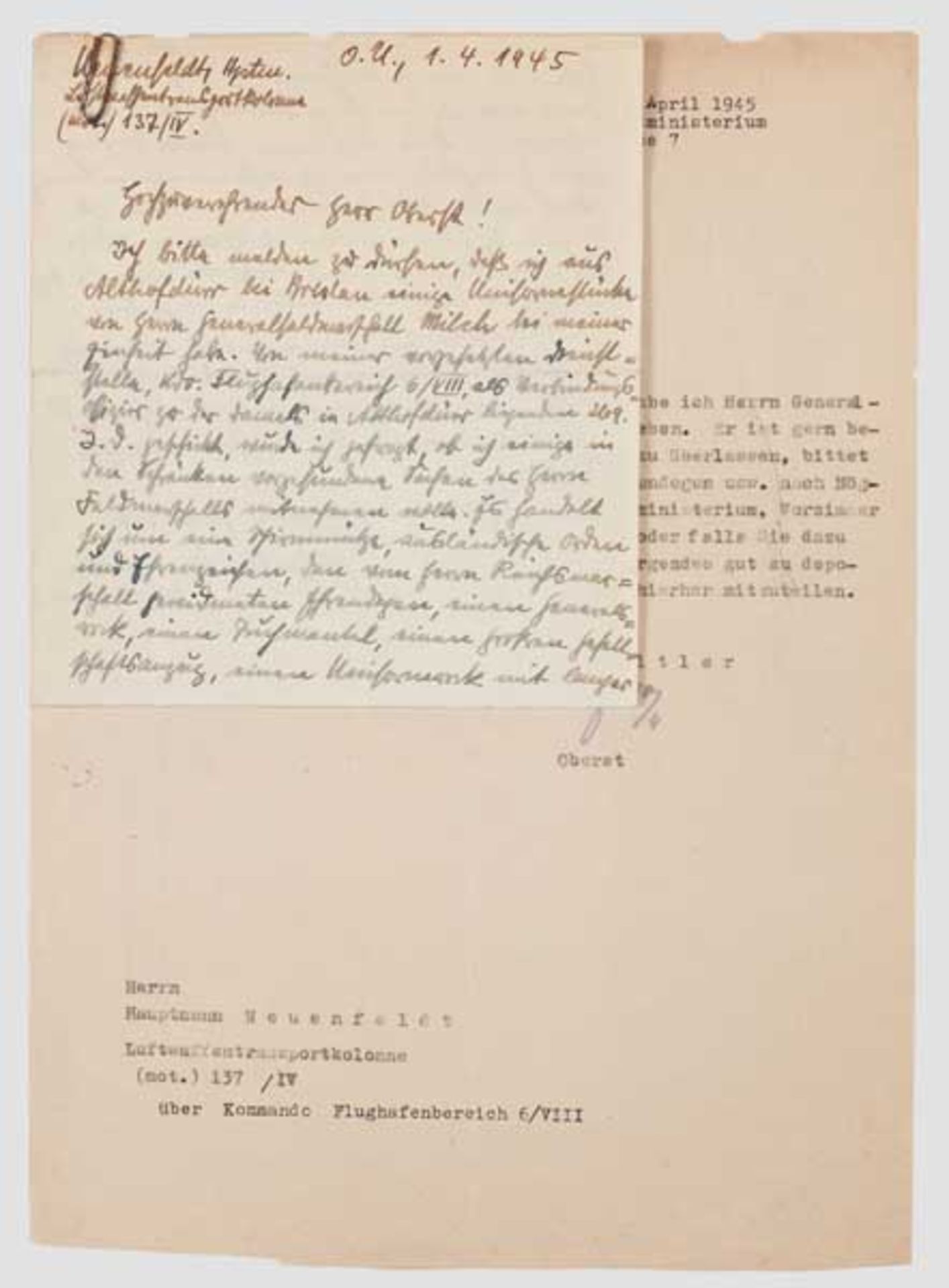 Generalfeldmarschall Erhard Milch - Brief Datiert 1. April 1945, von einem Luftwaffen-Transport-