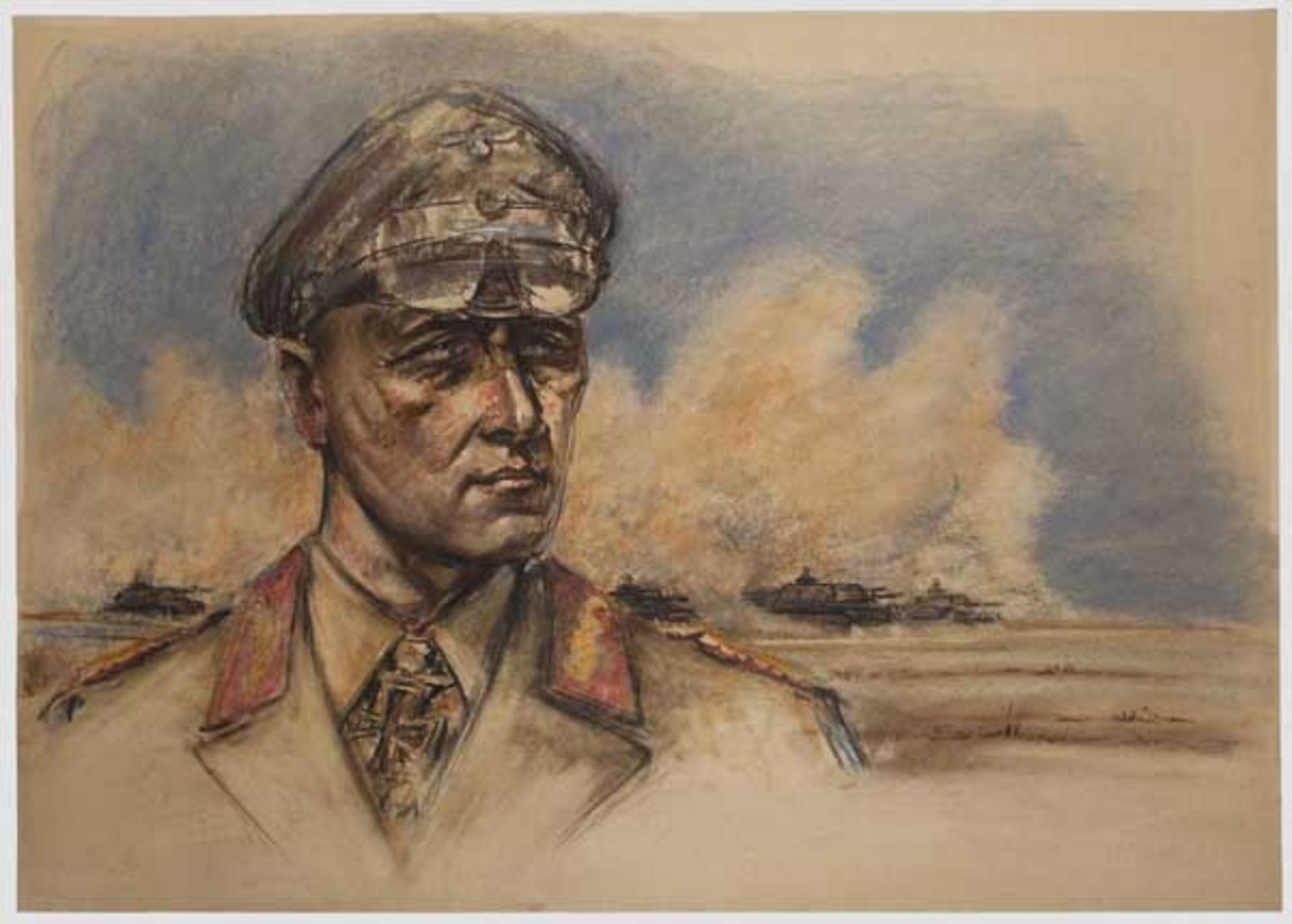 Hans Volkmar (1919 - 1987), Pressezeichner im Stab Rommel - Farbportrait des Generalfeldmarschalls