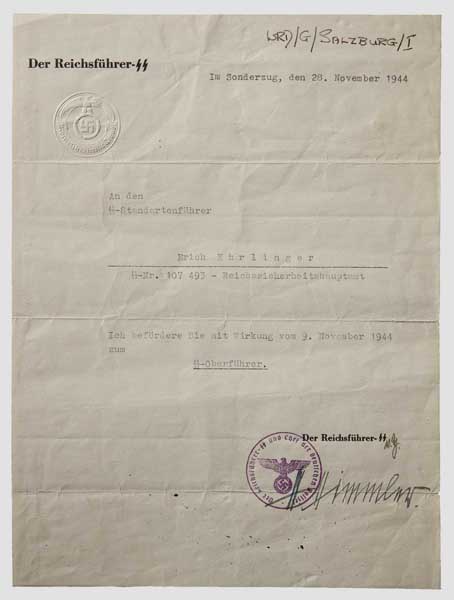 SS Standartenführer Erich Ehrlinger - a Promotion Document Dated 28. November 1944. Printed on