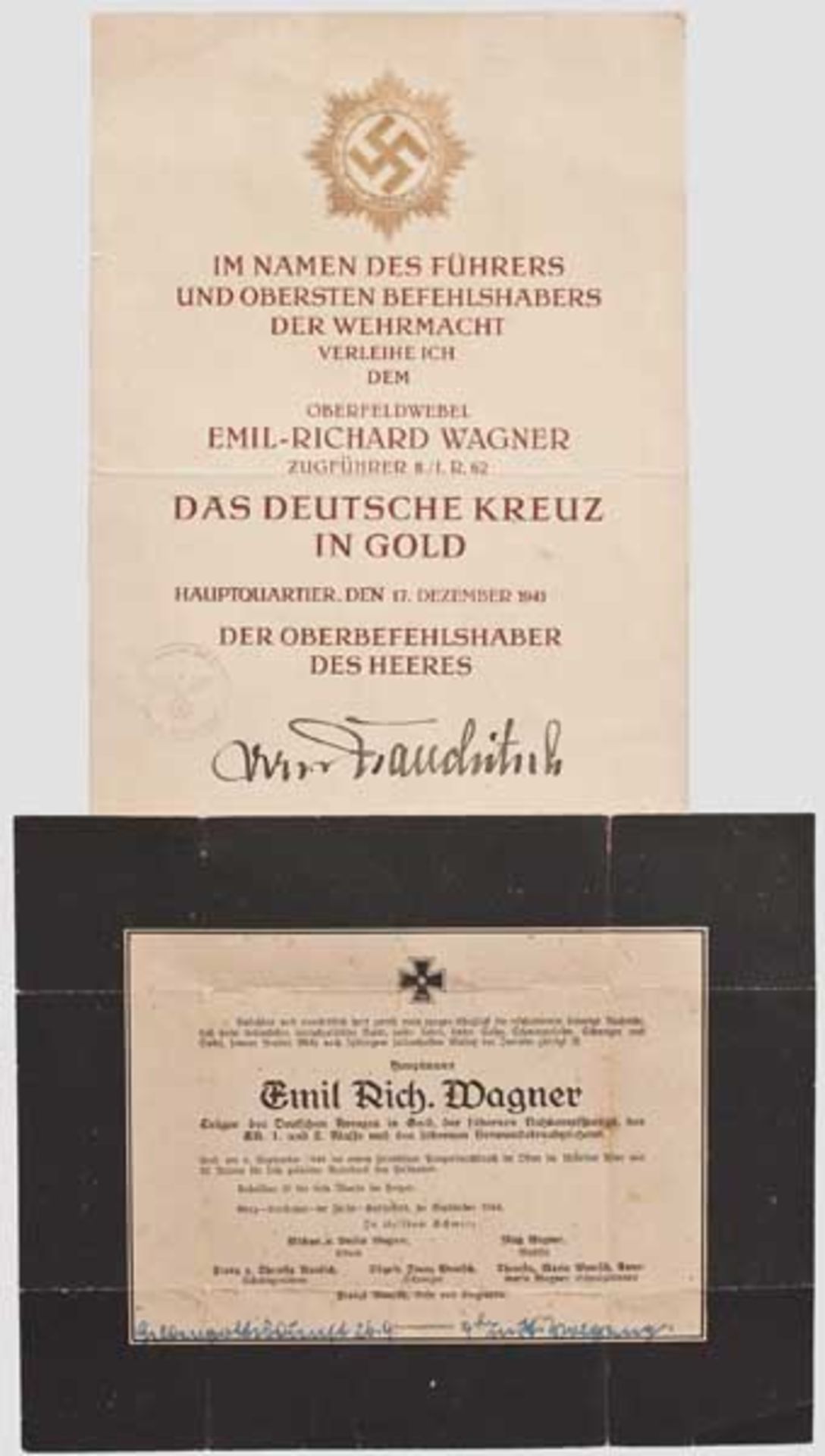 Große Urkunde zum Deutschen Kreuz in Gold - Emil Wagner, Infanterie-Regiment 62 Frühe Urkunde zum DK