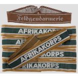 Gruppe Ärmelbänder Fünf maschinengewebte Ärmelbänder "Afrikakorps", silbergraue Stickerei, jedes ca.