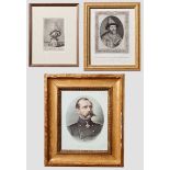 Vier Portraitgrafiken russischer Zaren bzw. eines Admirals und ein Vexierbild von Napoleon Bonaparte