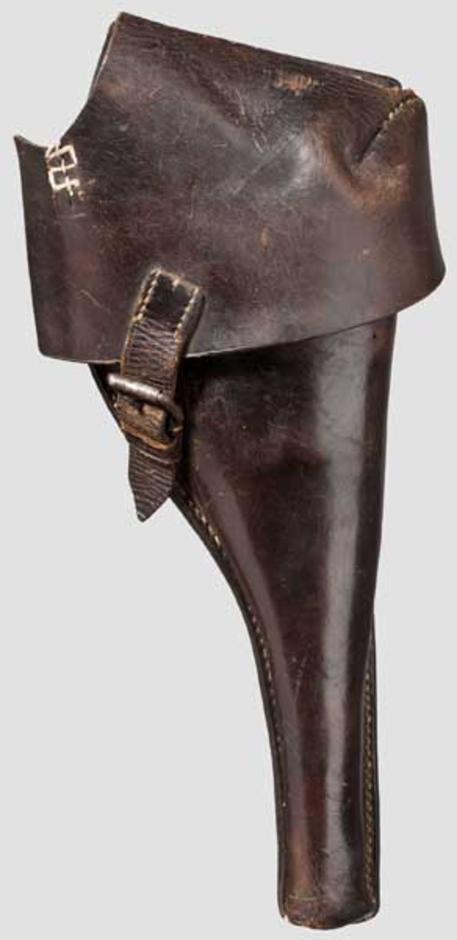 Tasche M/87 für Reichsrevolver M 1879 Aus kräftigem, schwarzem Rindsleder ohne Hersteller. Rückseite
