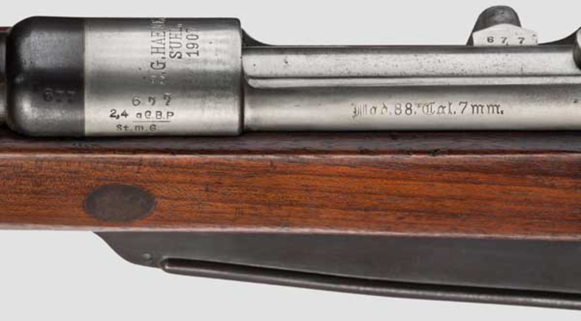 Karabiner 88, Haenel 1907, im Kaliber 7 x 57 Nr. 677. Nummerngleich inkl. Schrauben. - Bild 2 aus 2