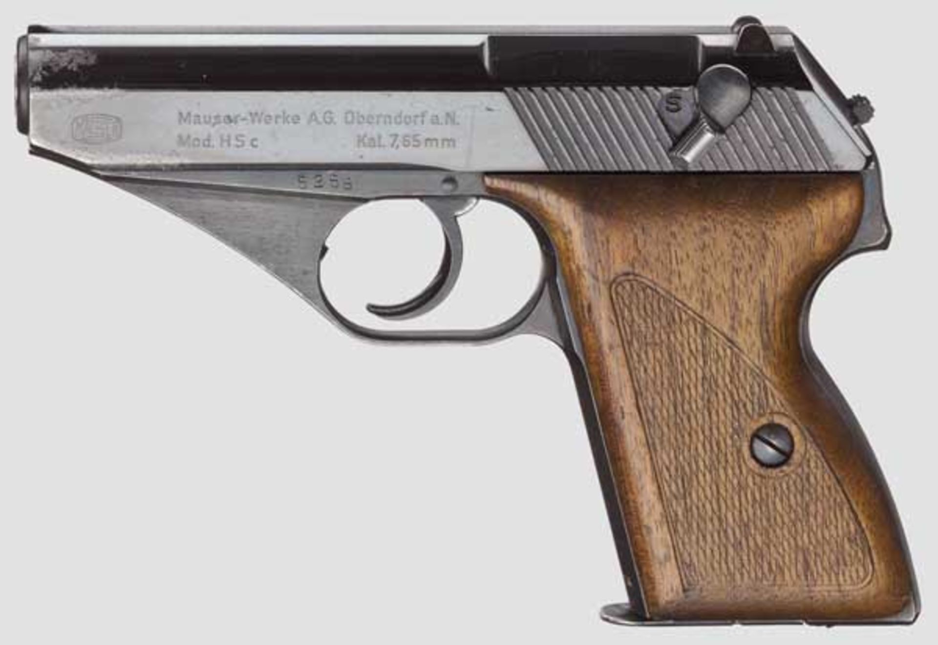 Mauser Mod. HSc, Beutewaffe Kal. 7,65 mm, Nr. 779374. Blanker Lauf. Achtschüssig. Beschuss Adler/