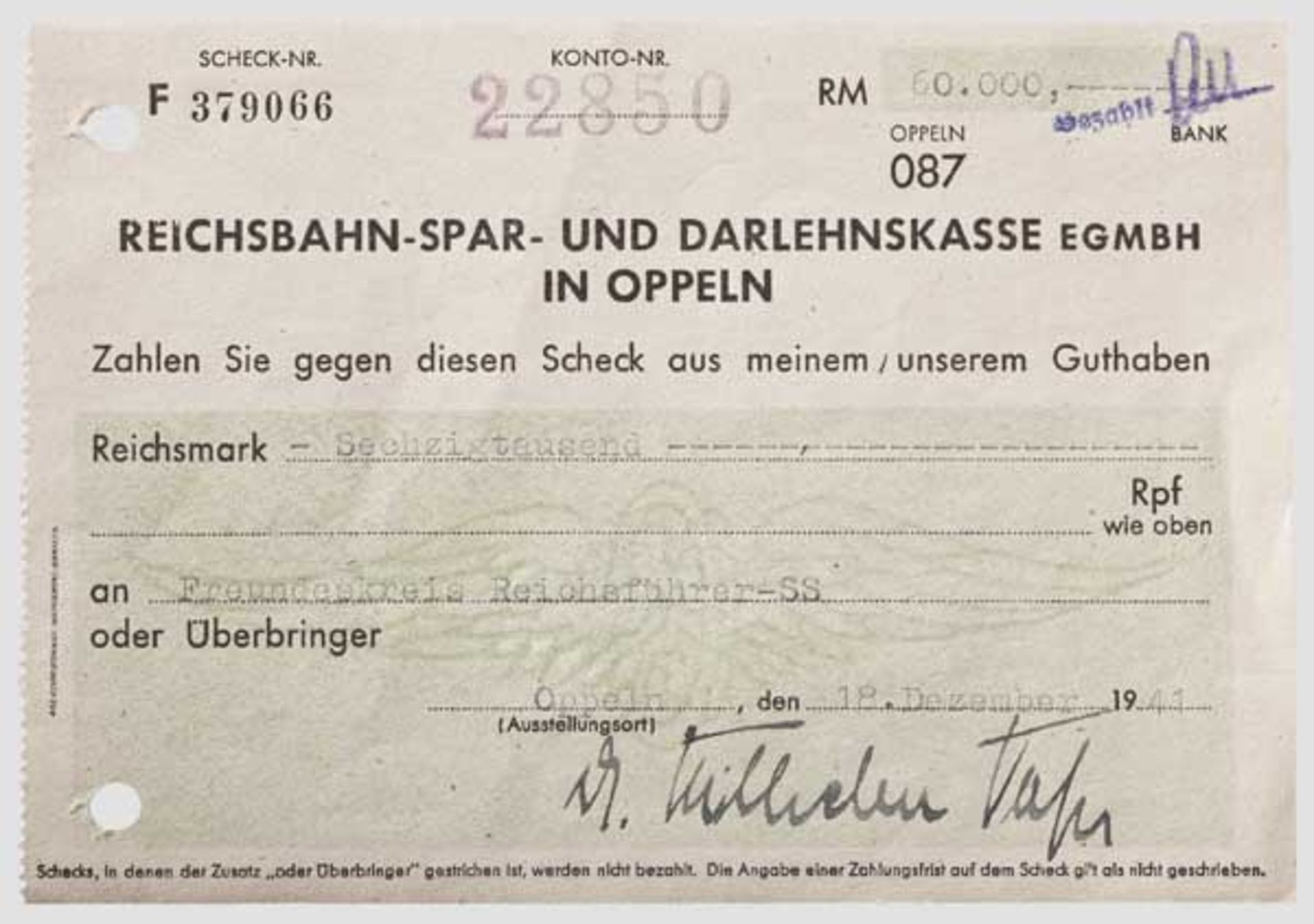 Dr. Wilhelm Voss - Scheck für den "Freundeskreis Reichsführer-SS" Scheck über 60.000 RM, ausgestellt