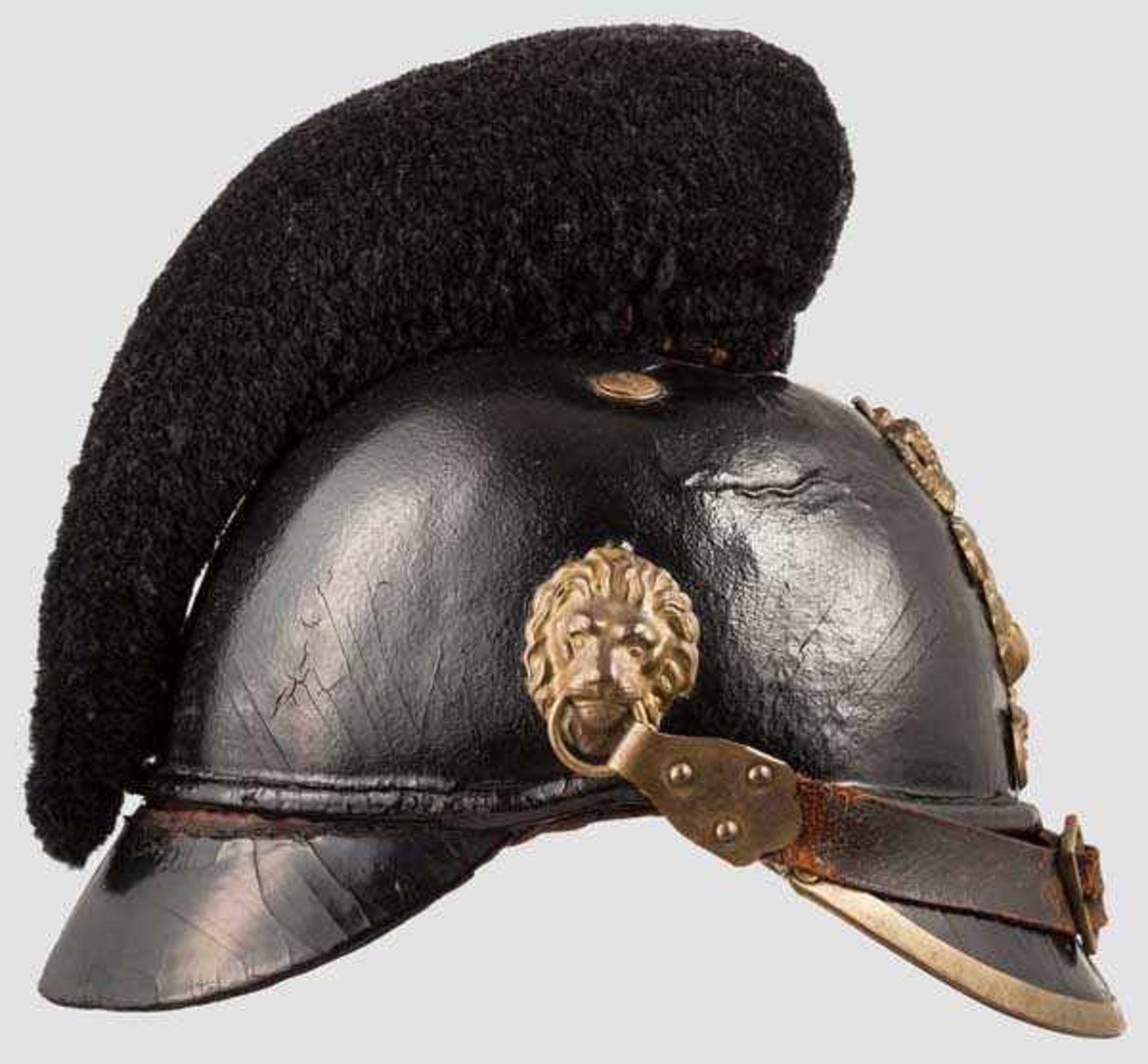 Raupenhelm M 1868 Zusammengestellter Helm mit schwarzem Lederkorpus (Druckstellen, Krakelee, - Bild 2 aus 3