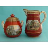 A tapering jug and an oviform sucrier and cover, both brick red ground (3) potlid, potlids, pot+lid,