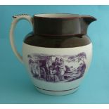 Goody Bewley: a pearlware jug banded in brown and printed in purple with figural scenes, centred