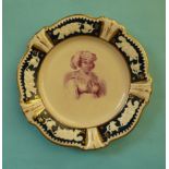 Queen Caroline: a dessert plate the floral moulded blue ground and gilded border centred by a puce