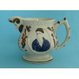 Henry Brougham and Thomas Denman: a moulded pottery jug with maskhead spout decorated in blue,